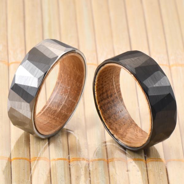 Sample Making 8mm Faceted Hammered Tungsten Ring with Whiskey Barrel Wood Inner Mens Wedding Ring Comfort Fit