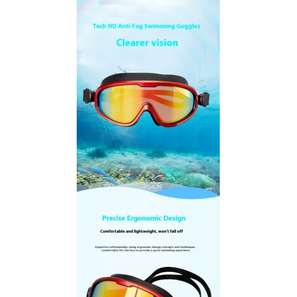 Swimming goggles with large prescription lenses for swimming, with anti-fog and waterproof functions
