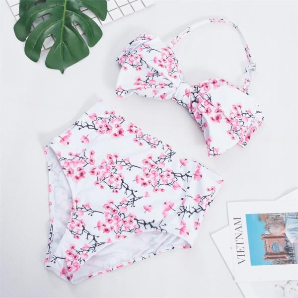 Wrap Halter And Tie front Top With Floral Bikini high cut swimsuit