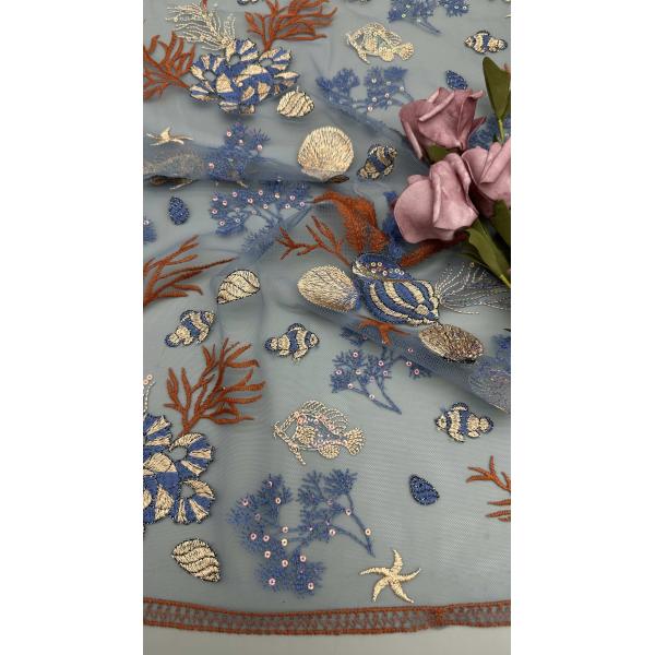 Sea Fish Embroideded Chinese Culture Luxary Mesh Funny Breathe Fabric For Party