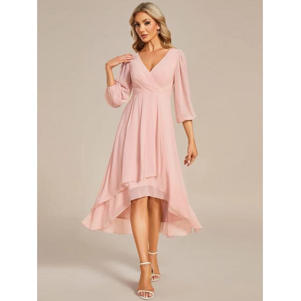 Elegant Empire Long Sleeve V-neck High Low A-line Ruffled Midi Dark Purple Chiffon Wedding Guest Cocktail Dress