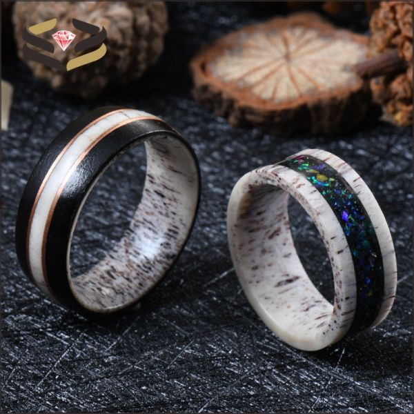 8mm Nature Deer Antler Ring with African Ebony Wood and Rose Gold Circle Inlay Wedding Band Plating N/A