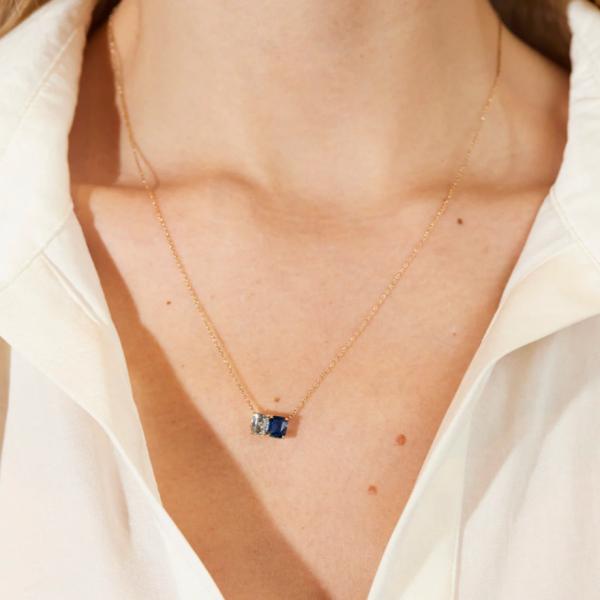 Hot Selling 925 Silver Cushion Cut Sapphire and Rectangle Cut White Zircon Color Block Zirconia Double Stone Pendant Necklaces