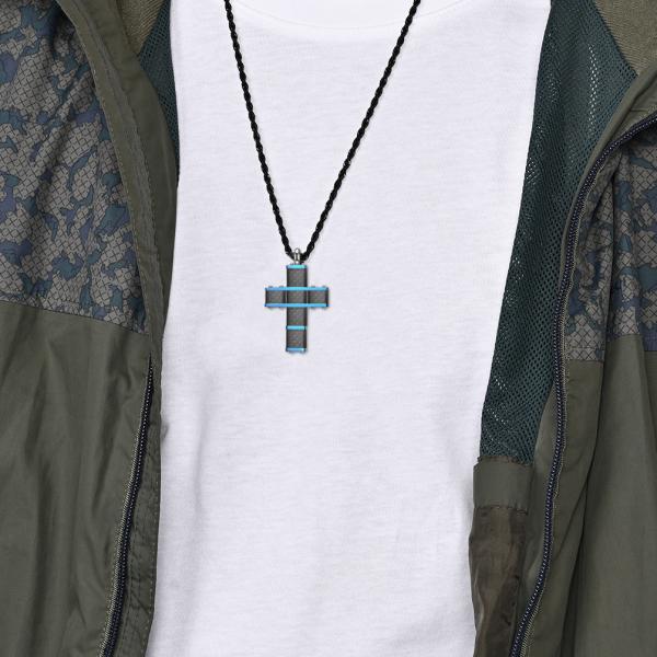 Christian Religious Custom LOGO Pendant Stainless Steel Gold Plated Cross Necklace with Carbon Fiber Inlay and Blue Plating
