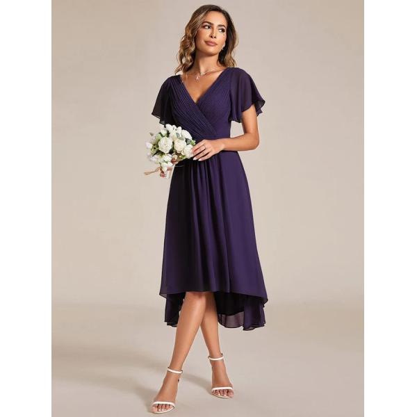 Chic V-neck High-low Short Flutter Sleeves A-line Ruffles Midi Invisible Zipper Dark Purple Chiffon Cocktail Dress