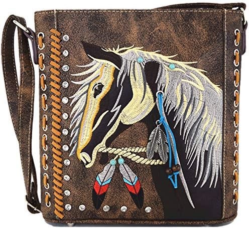 WESTERN STYLE HORSE PURSE EMBROIDERED FLORAL RHINESTONE STUDS CROSSBODY HANDBAGS COWGIRL COUNTRY WOMEN SINGLE SHOULDER B