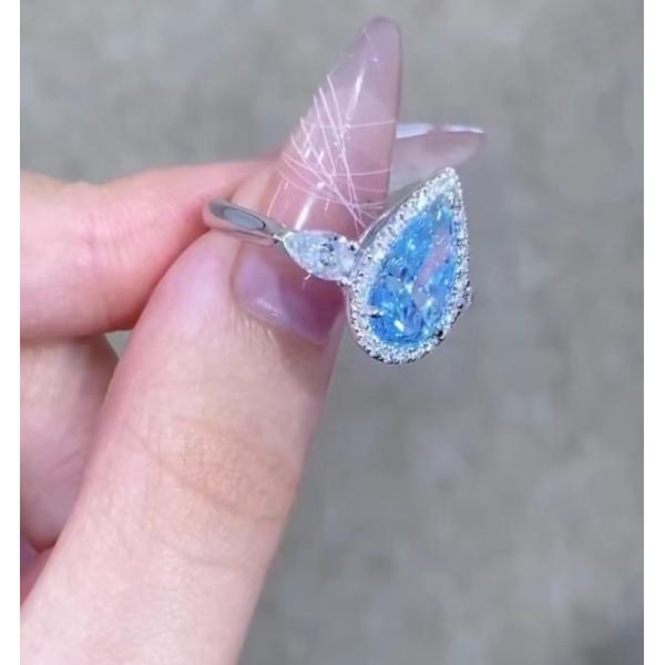 18K White Gold CVD Diamond Ring 2.32ct Blue Pear Cut Engagement Ring Jewelry