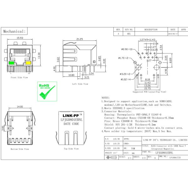 48F-01GY2DPL2NL Magnetic RJ45 Female Jack LPJG0801EBNL for Networking