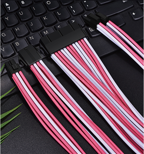 Pink&white jacketed wire Sleeved Extension Cable Kit ATX CPU PCI-E Extension Power Supply Cable