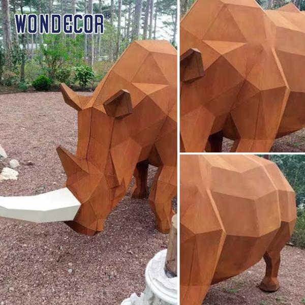 Large Park Forged Metal Sculpture Geometric Animal Rhinoceros