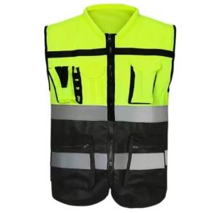 Patchwork Polyester Safety Vest With Pockets And Zipper Orange Green