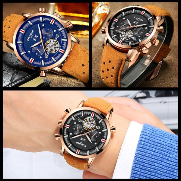 KINYUED J019-6 Tourbillon automatic mechanical genuine leather business waterproof men watches