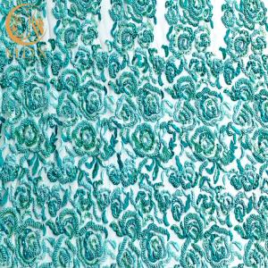 China ODM Mint Green Handmade Lace Fabric With Beads 135Cm Width on sale