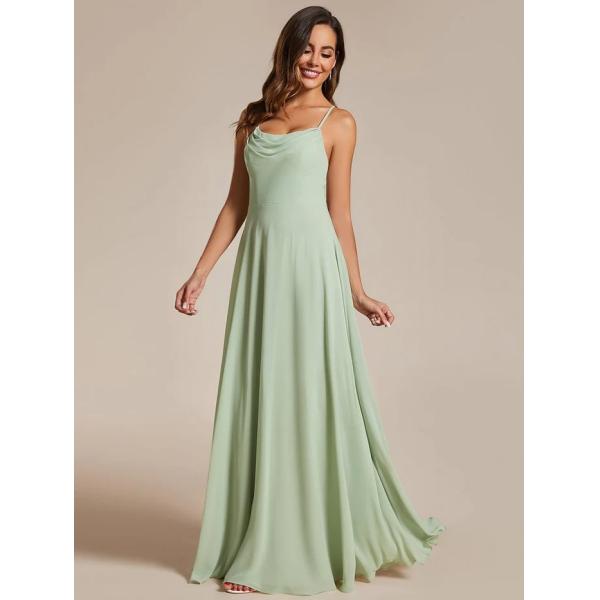Boat Neck Empire A-line Ruffled Adjustable Spaghetti Strap Zipper Mint Green Chiffon Evening Dress