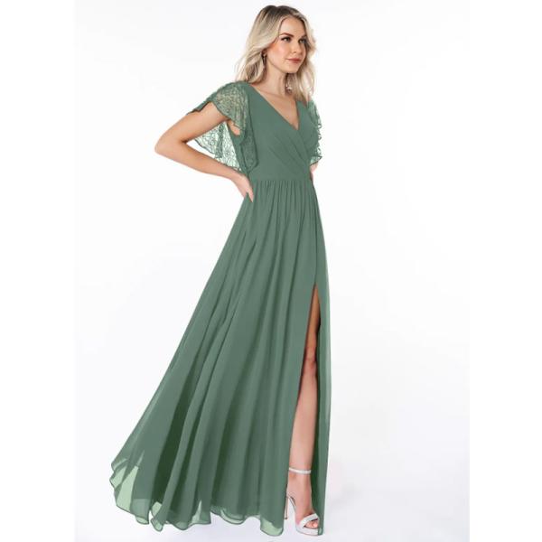 Luxury Lovely Short Sleeve V-neck A-Line Chiffon Bridesmaid Dresses Front Split Slit Plus Size for Wedding