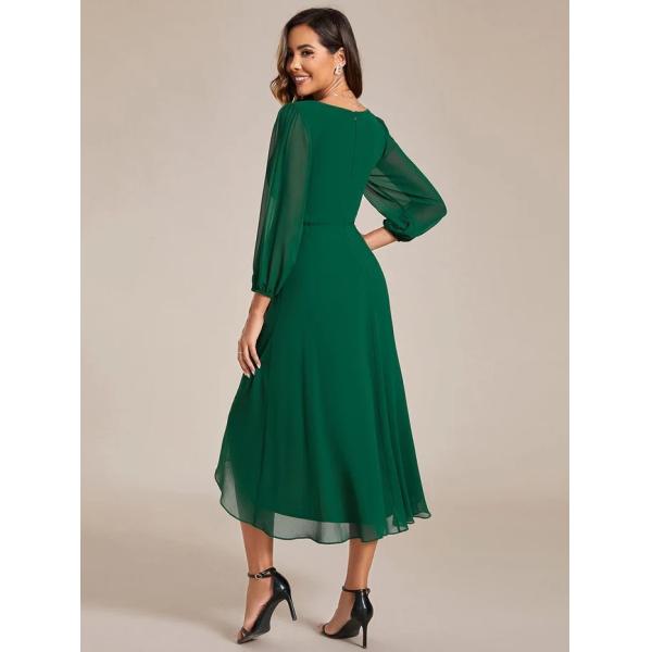 Elegant Empire Long Sleeve V-neck High Low A-line Ruffled Midi Dark Green Chiffon Wedding Guest Evening Dress