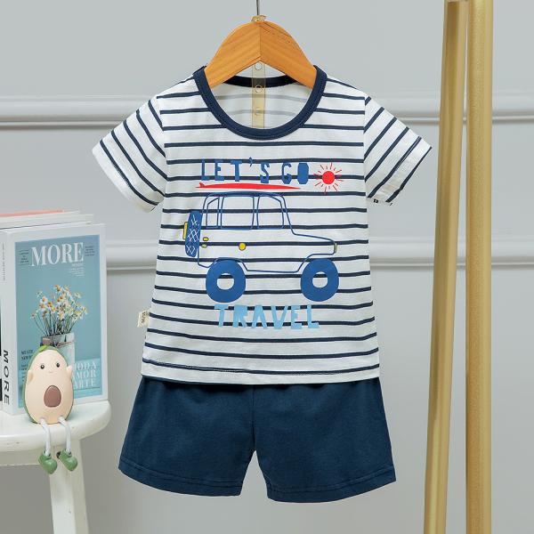 1-12 Years Old Childrens Cotton Pajamas With Striped Car Pattern