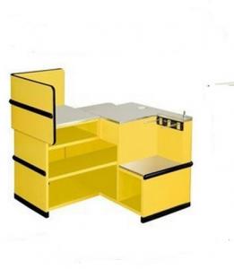China Yellow Supermarket Metal Express Checkout Counter Cash Register Table With Hooks on sale
