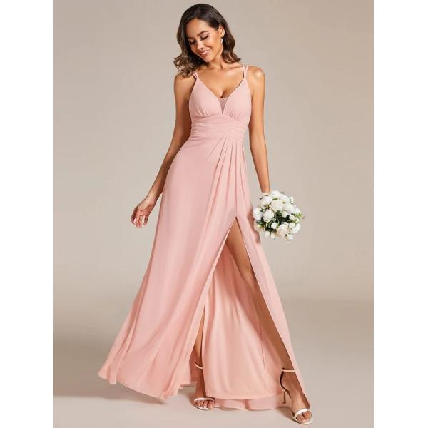 Empire Zipper A-line High Slit Pleated Adjustable Straps V-neck Pink Chiffon Bridesmaid Dress