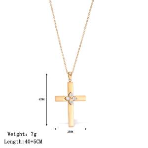 Stainless Steel Cross Pendant Necklace with Clear Zircon Stone Flower