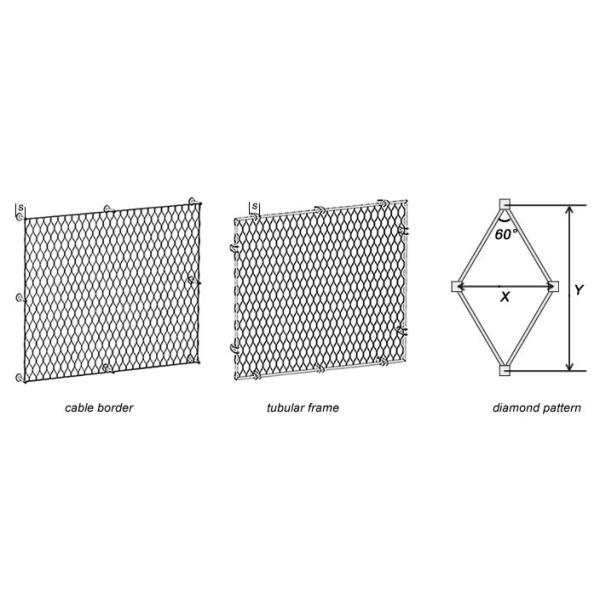 Three plan of the green facade with cable border, tubular frame and diamond pattern dimension.