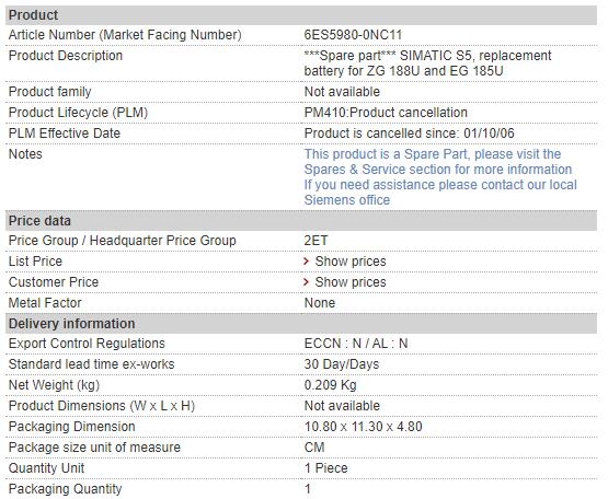 6ES5980-0NC11 6ES5 980-0NC11 Siemens Replacement Battery