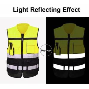 Patchwork Polyester Safety Vest With Pockets And Zipper Orange Green