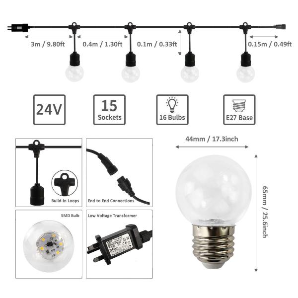 1500LM 15 Bulbs Solar Festoon Lights 8 Modes 24V 1w Outdoor Starry Lights