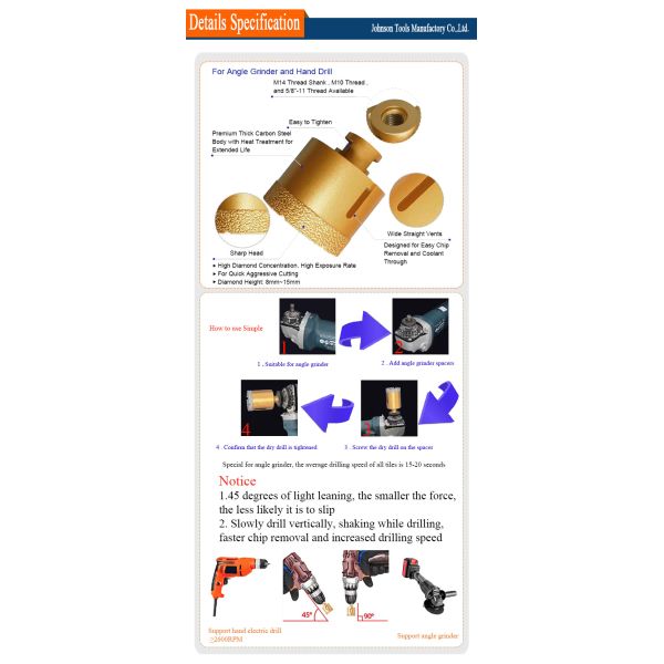 4pcs M14 50mm Vacuum Brazed Diamond Tools Drill Bit Minimal Chipping