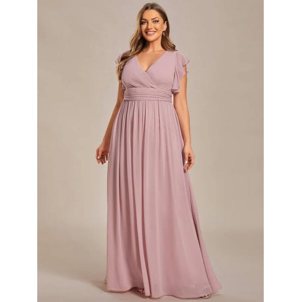 Empire Plus Size V-neck Open Back Ruffled A-line Cap Sleeves Burgundy Chiffon Party Dress