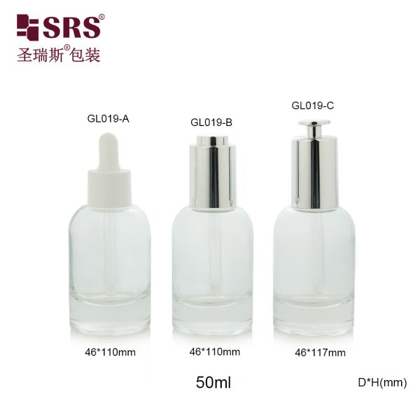 GL019 50ml Round Shoulder Thick Bottom Molded Glass Bottle With Different Dropper Lid For Skincare Serum