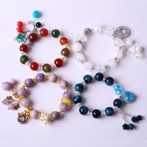 Handmade Round Bead Crystal Gemstone Elastic Bracelet with Deluxe Charms