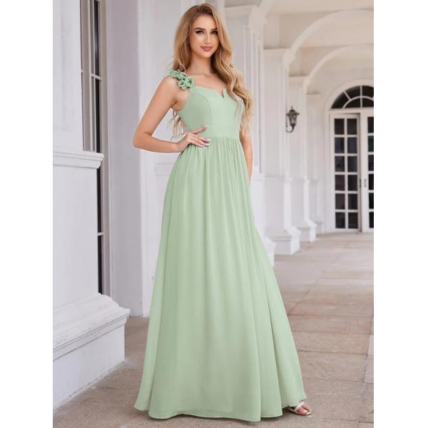 Elegant V-neck Floral Strap Empire A-line Waist Mint Green Chiffon Evening Dress