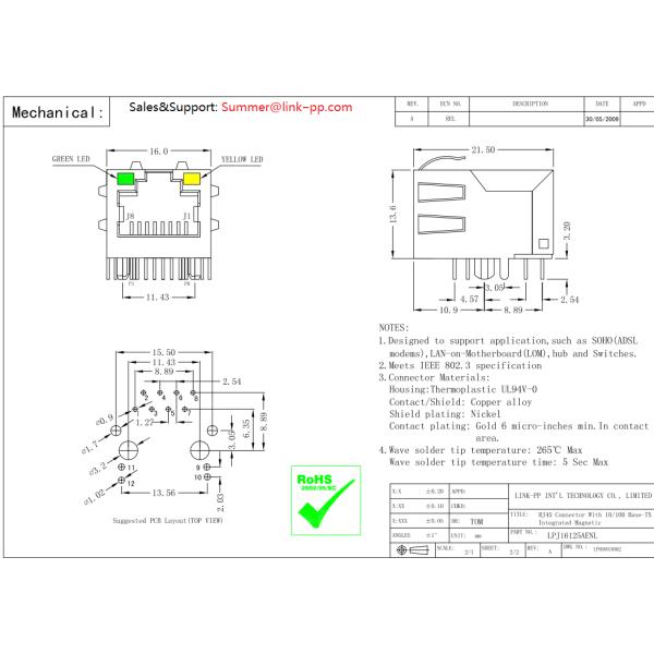 XRJH-01E-4-D3C-170 RJ45 With Integrated 10 / 100M Magnetics and LED LPJ16125AENL