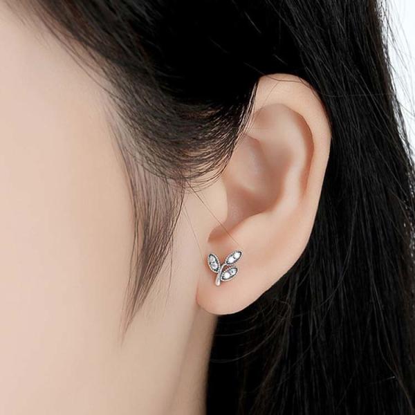 Sterling Silver Pave Cubic Zircon Leaves Stud Earrings (E12281)