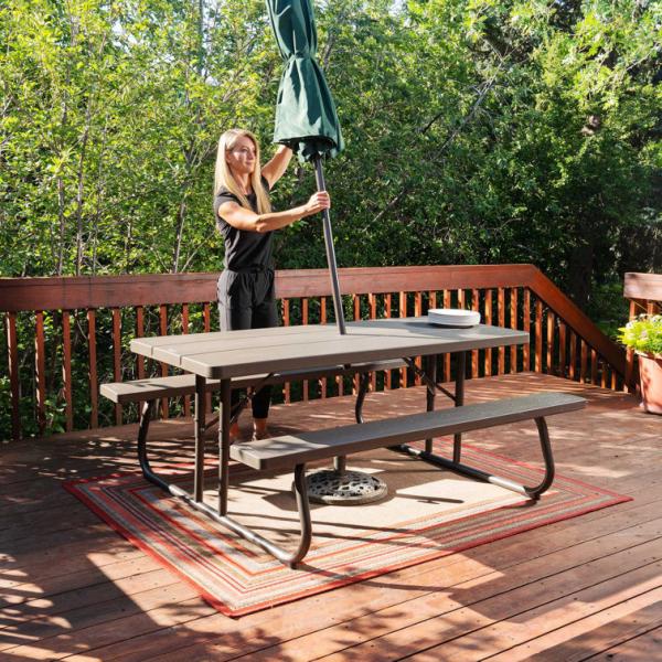 Outdoor Furniture 6ft Rectangular Picnic Table with Umbrella Hole and Folding Chairs