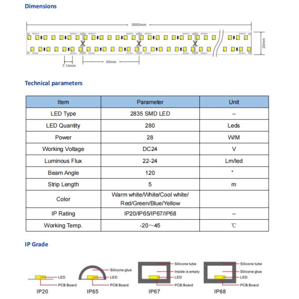 high brightness smd 2835 led strip 280 Leds/M Led Strip High Lumen for Indoor Decoration Lighting