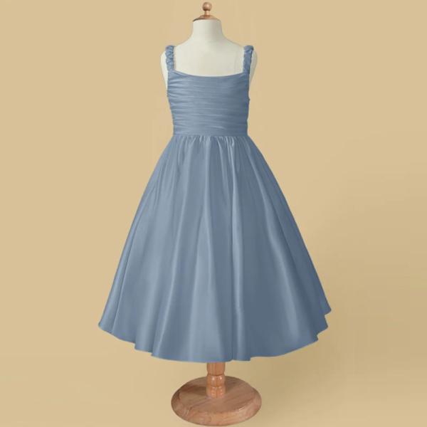 Wholesale Factory Lovely Blue Satin Flower Girl Dress A-Line Ruffles Tea-length Plus Size Sleeveless Children