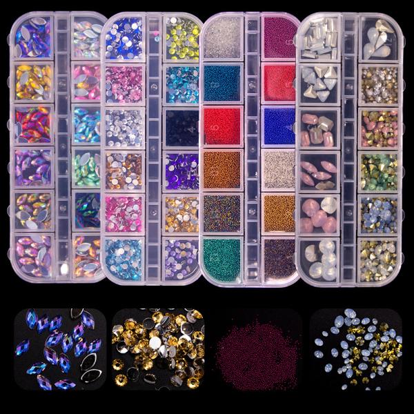 12 Grid Rhinestone Nail Stones Crystal Multi Shape Glass Diamonds Nails Art Decoration