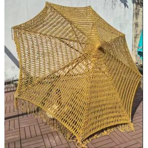 China 9 ft Yellow INS Trend Resort Umbrella Parasol Woven Crochet Umbrella Tassel Macrame Parasol on sale