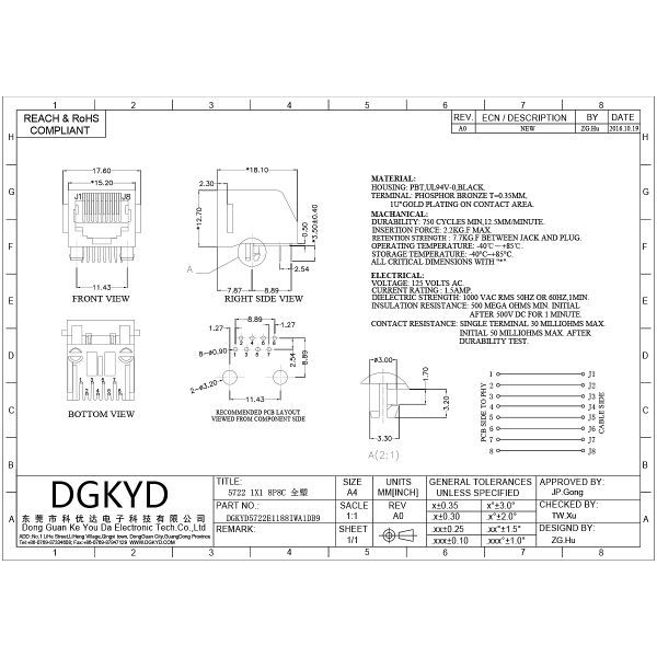 RJ45 Ethernet port connector with ears, all plastic black socket 8P8C DGKYD5722E1188IWA1DB9
