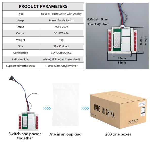 DC12V 5A 60W Time Temperature Display Defogger LED Light Mirror Touch Sensor Stepless Dimmer Switch