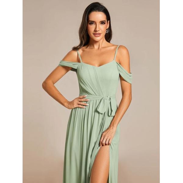 Plus Size A-line Ruffled V-neck Spaghetti Strap High Slit Mint Green Chiffon Bridesmaid Dress