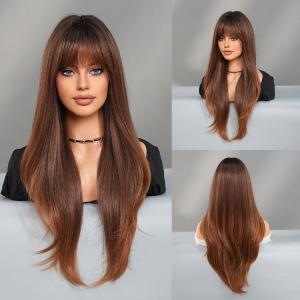 Fashion Long Body Wave Dark Root Hair Brown Synthetic Wigs For Women