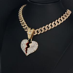 Quality Fashion Hip Hop Borken Heart Pendant Necklace Hiphop 11mm Cuban Link Chain Necklaces For Women Men Jewelry Party Gifts for sale