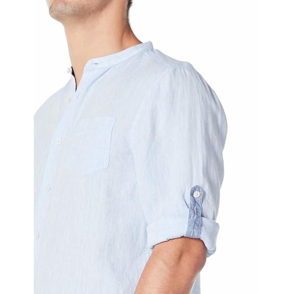 Casual Band Collar Linen Shirt Solid Color S M L Roll Up Long Sleeve Shirt