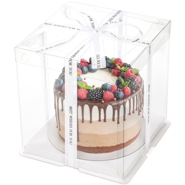 Buy Clear Cake Box with Ribbon, 2-Layer Tall Cake Packaging Boxes 8x8x9 Inch, PET Cake Carrier Transport Container for Tiered Cakes, Transparent Gift Display Boxes with Lid for Birthday Party at wholesale prices