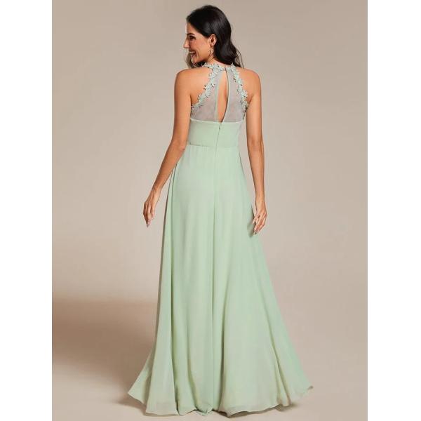 Empire A-line Backless Floral Halter Neck V-neck Pleated Cut-out Back Zipper Mint Green Chiffon Bridesmaid Dress