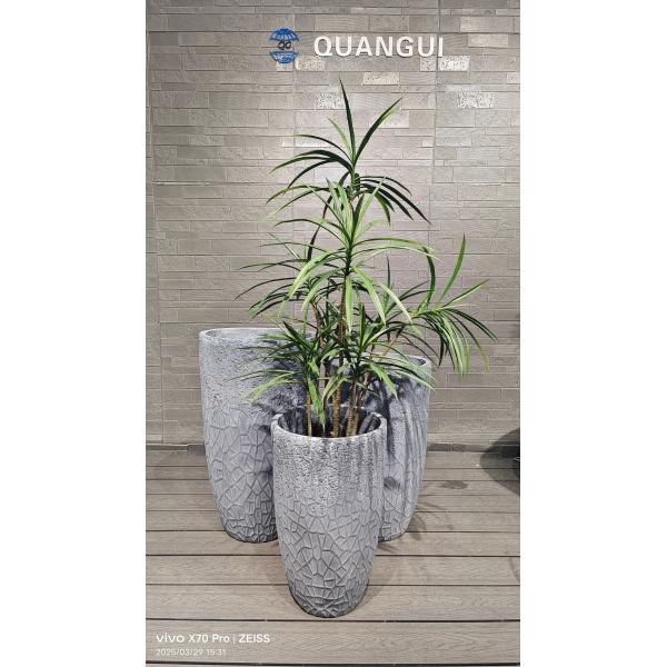 Geometric Cracked - Like Design Grey Round Fiber Clay Planter Mosaic Pattern