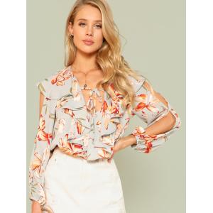 Fashion Floral Print Summer Women Blouse With Ruffle